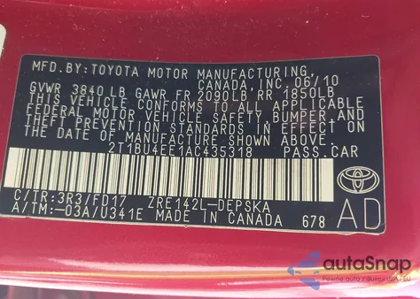 2010 Toyota Corolla S из США, поврежденный, VIN 2T1BU4EE1AC435318